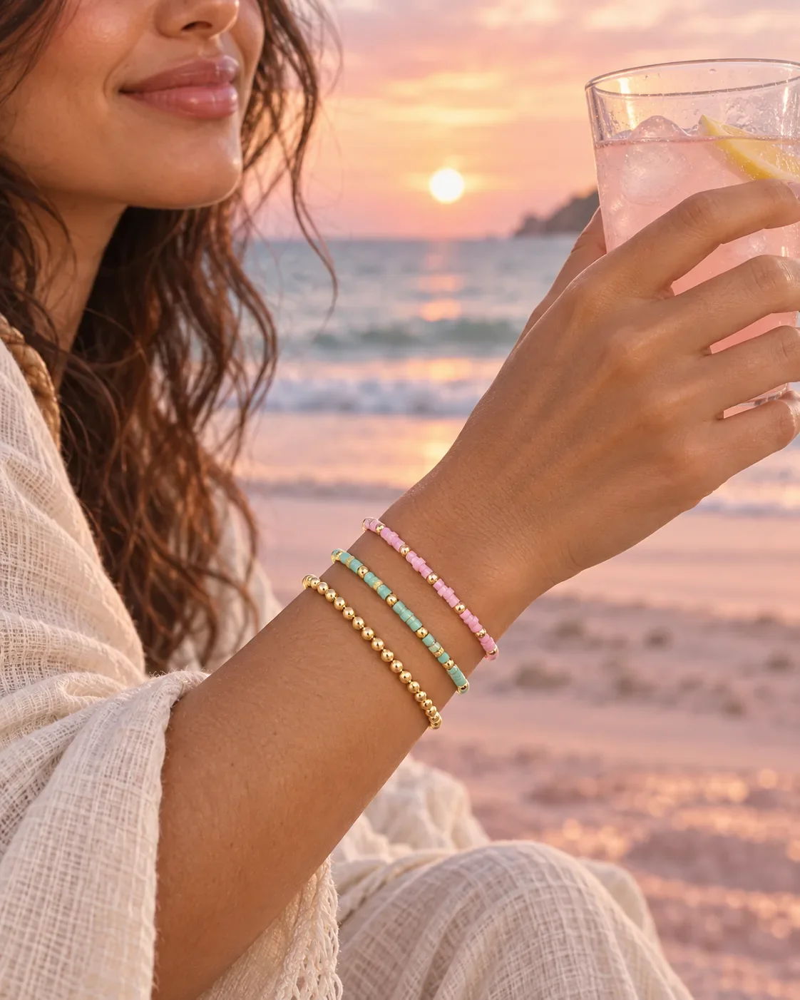 Sparkle pink bead bracelet worn on wrist