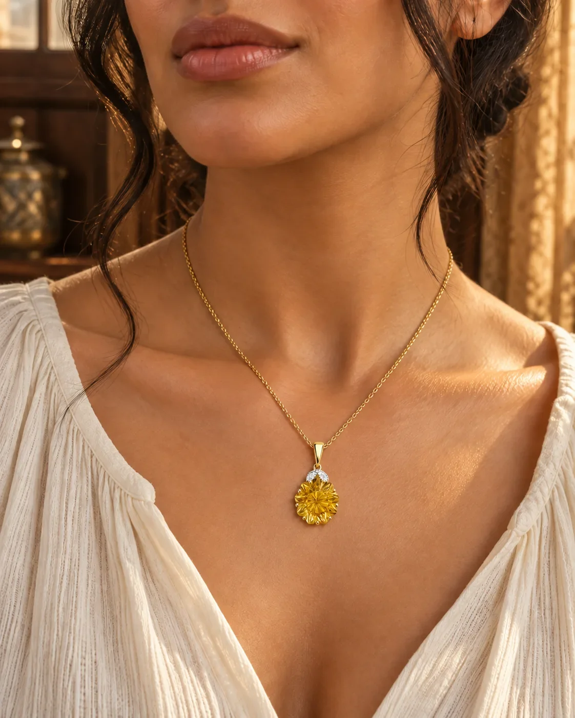 Golden citrine diamond pendant on 18-inch 14K gold chain, worn