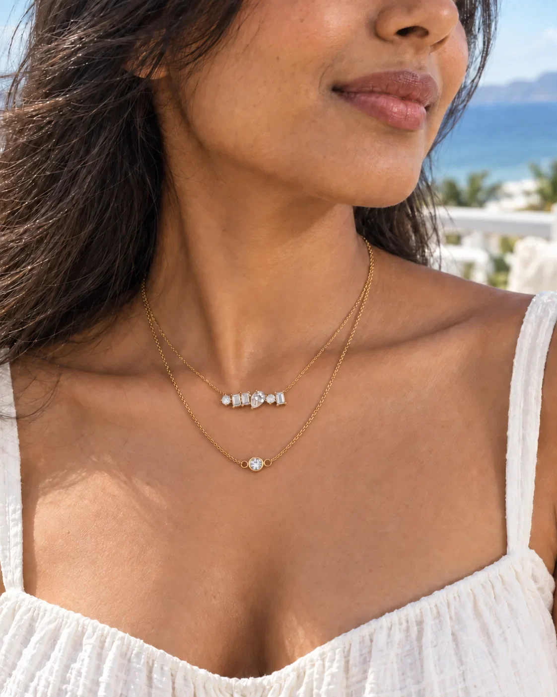 Gold vermeil crystal necklace worn