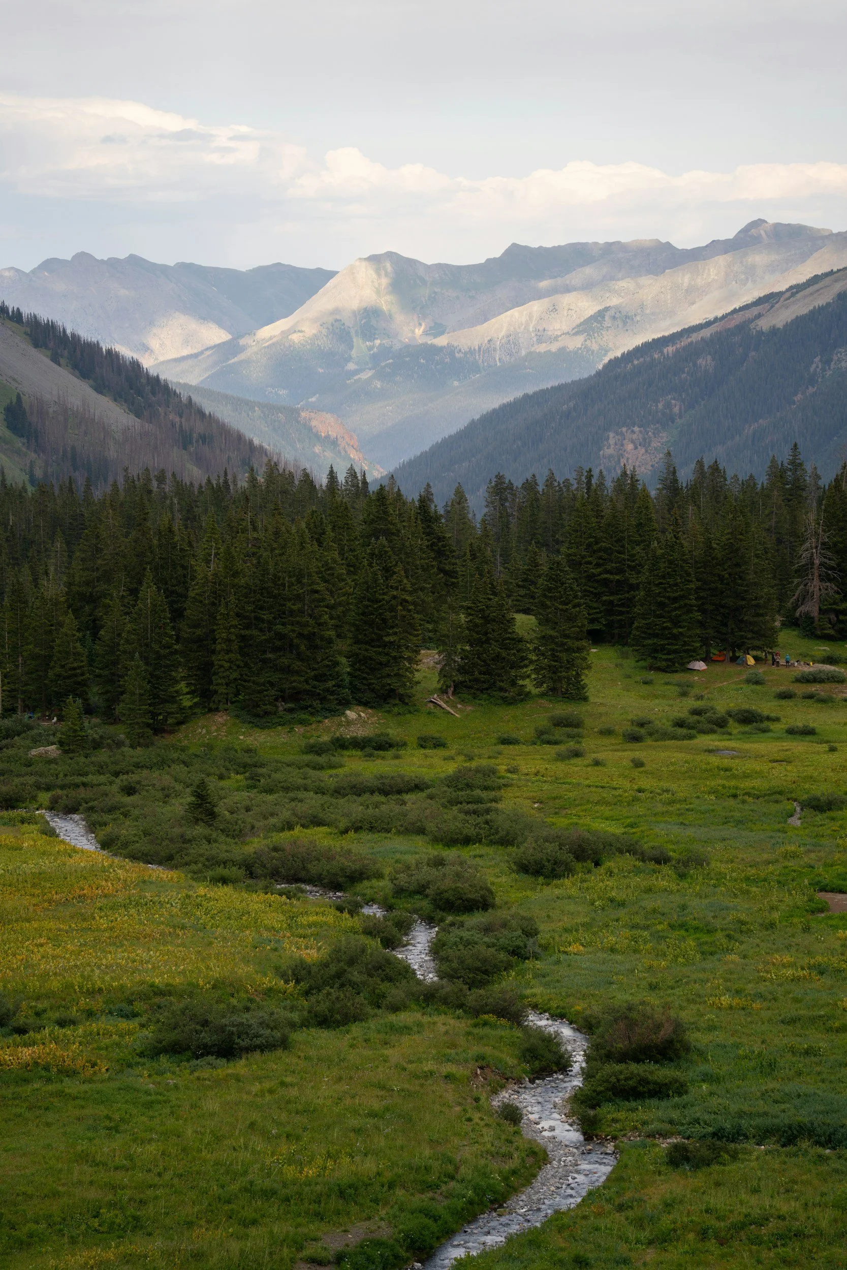 A mountain landscape with lush green forest in the foreground, a small stream flowing through the valley, and towering mountains in the background under a partly cloudy sky.