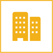Two gold-colored office buildings on a black background