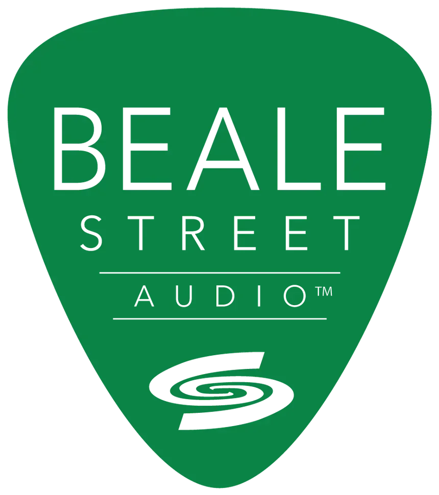 A green guitar pick with the words 'BEALE STREET AUDIO' printed on it in black and green letters, with a stylized spiral logo at the bottom.