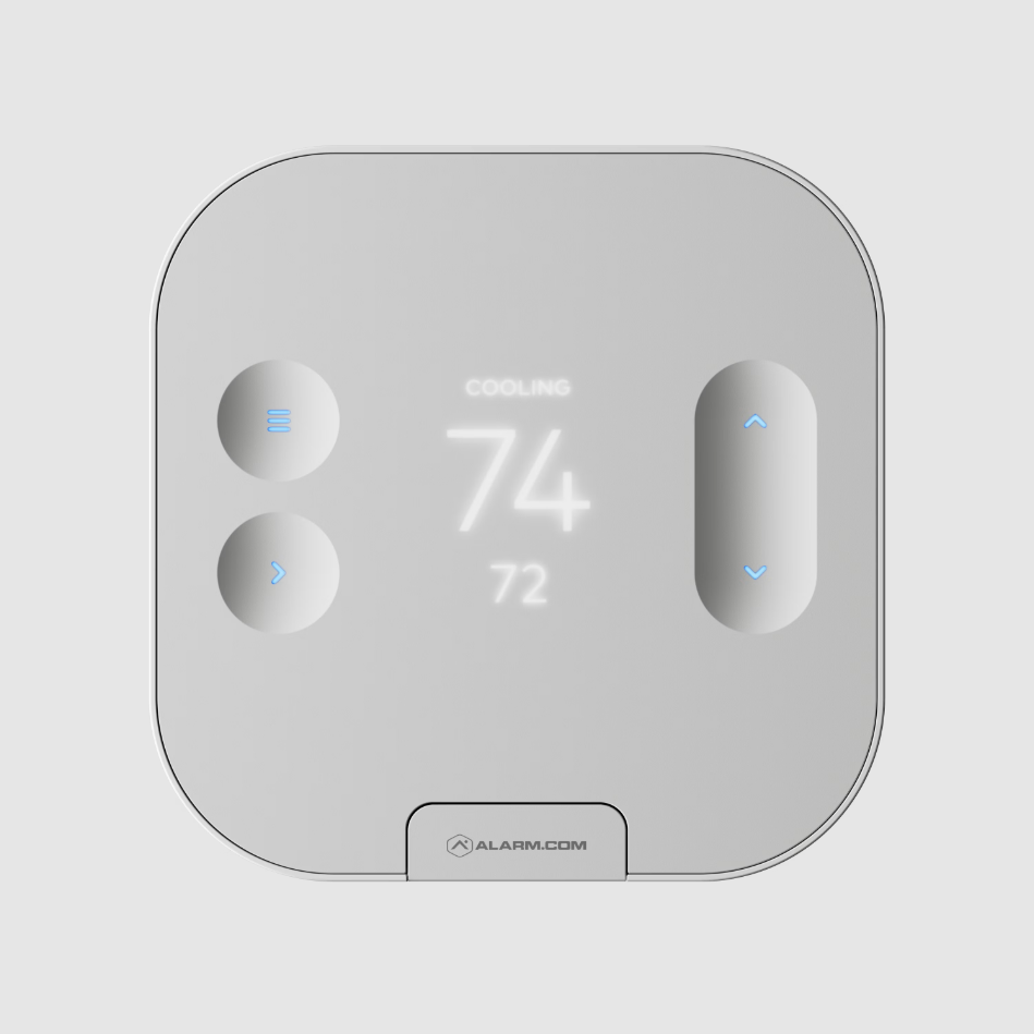 Digital thermostat displaying a temperature of 74 degrees, with the word cooling, and buttons for adjusting temperature and settings.