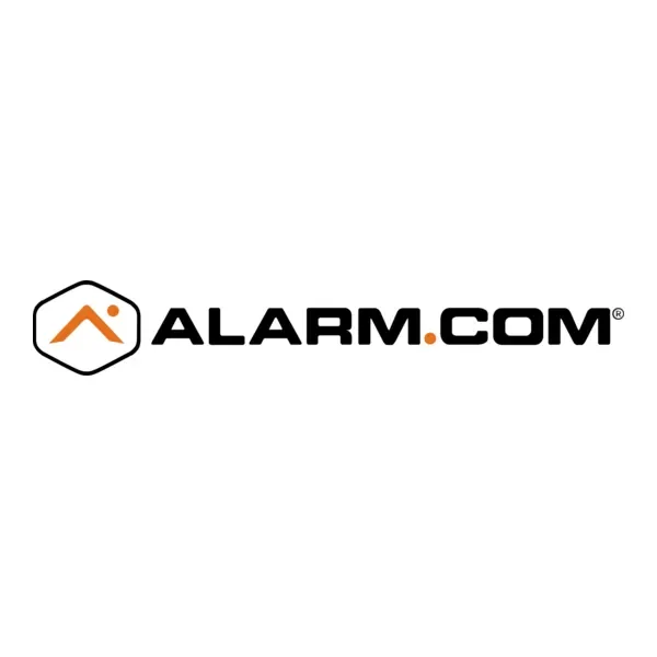Alarm.com logo with black text and an orange icon of a house within a black hexagon outline.