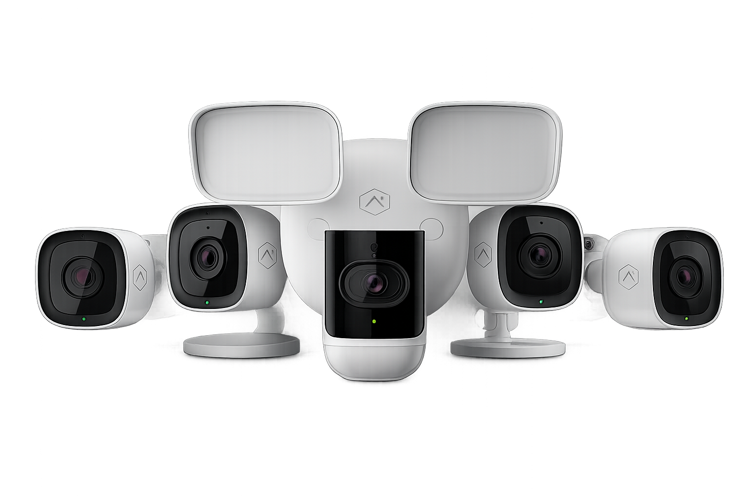 Set of advanced 3D camera devices with sleek white and black designs on a colorful digital background.