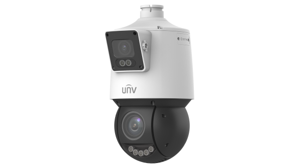A security camera with a black dome and a white rectangular housing on a white wall.