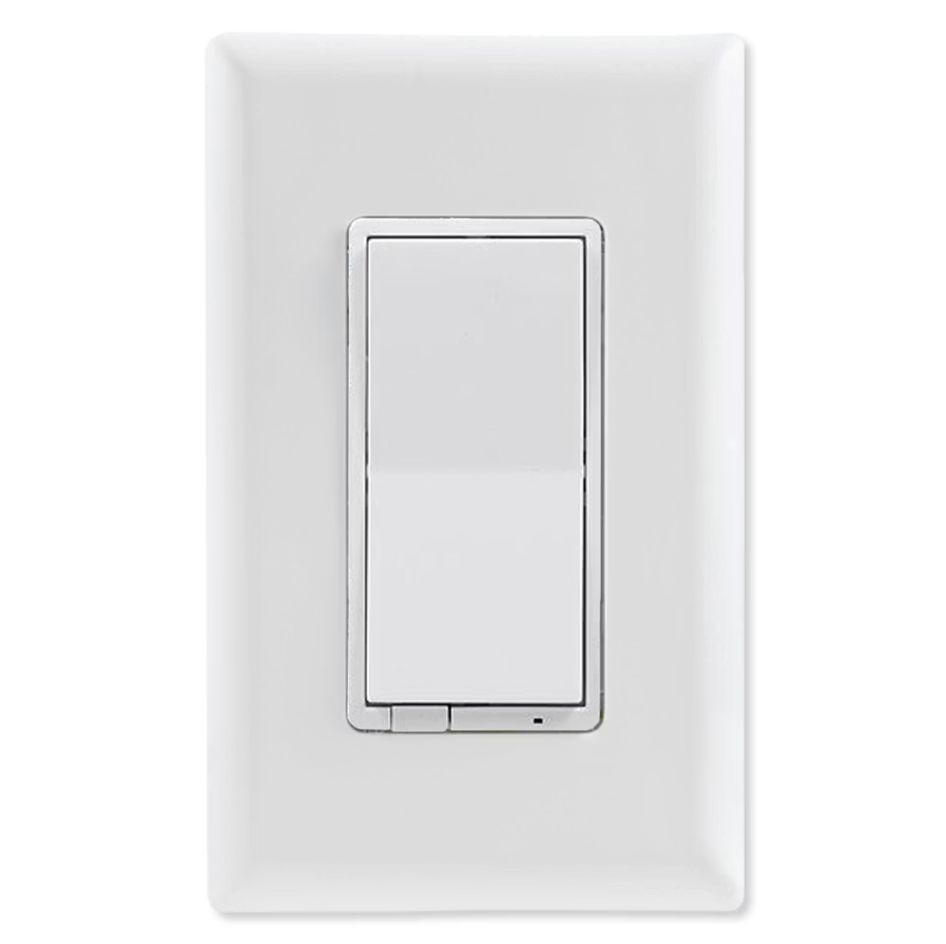 A white light switch on a white wall with a silver trim.