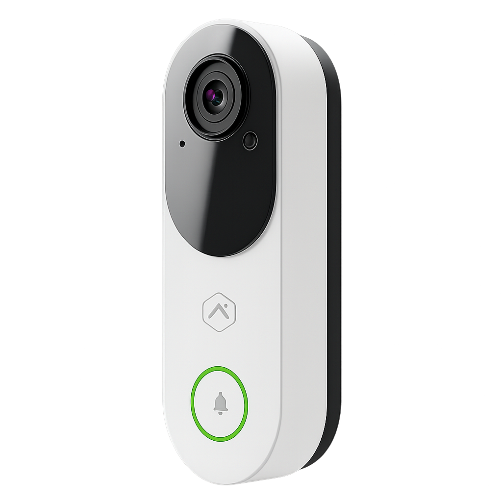 A small, white, rectangular device with a black circular camera lens at the top, a bell icon button with a green ring at the bottom, and an upward arrow button above the bell button, set against a dark background with colorful streaks.