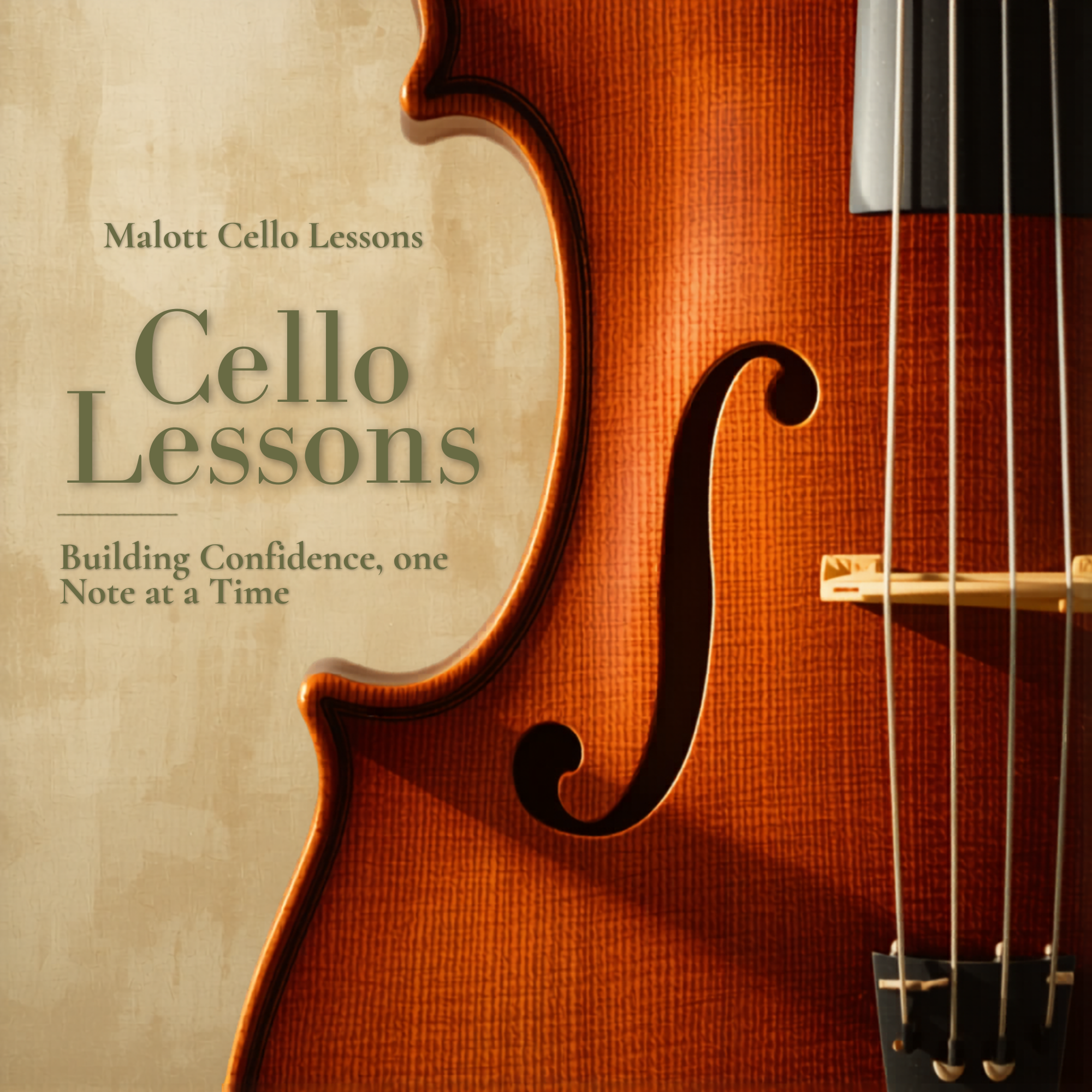 Close-up view of a violin, showing the body, strings, and fingerboard. Text on the image reads 'Malott Cello Lessons' and 'Building Confidence, one Note at a Time'.