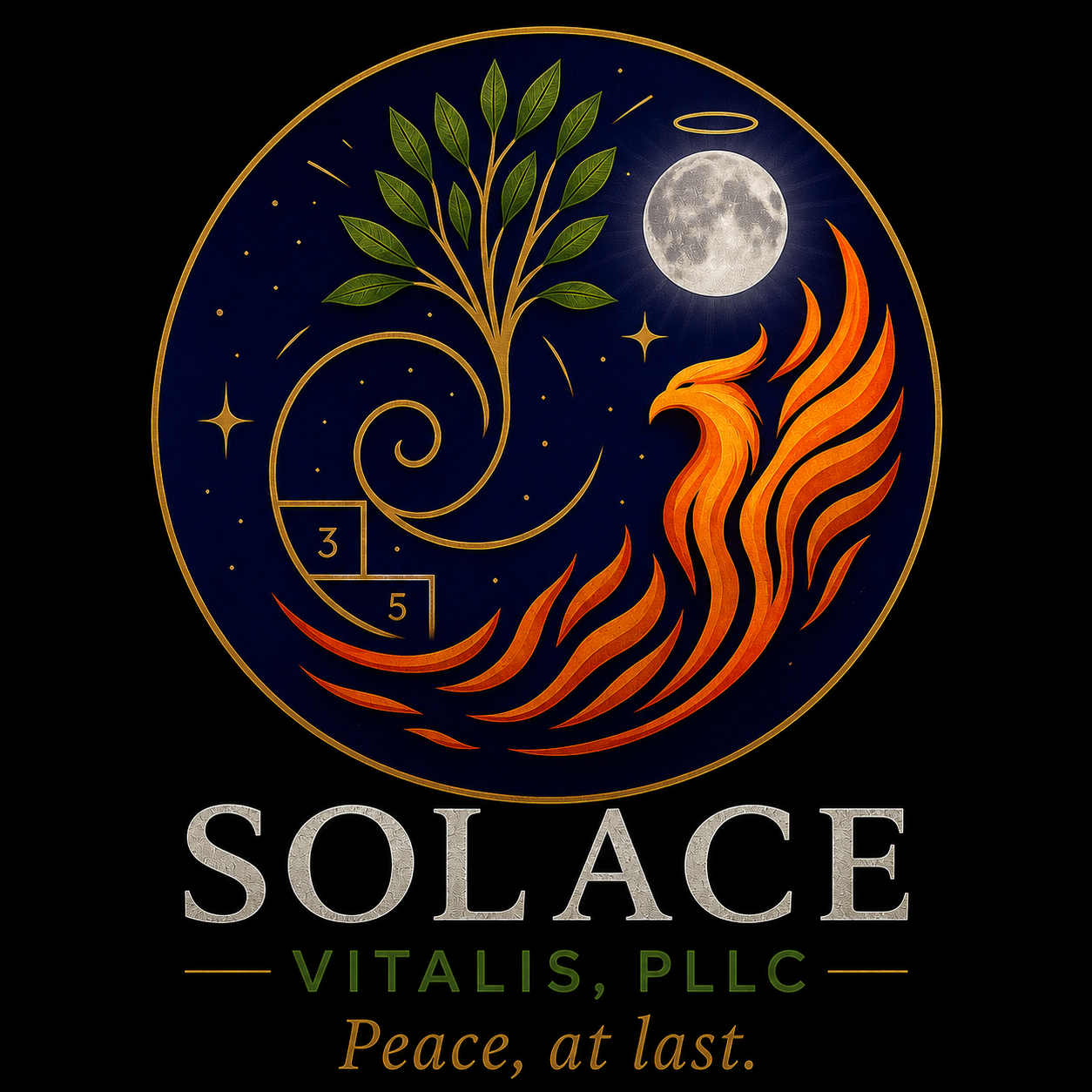 Logo with a tree, moon, eagle, and flames, with the text 'SOLACE VITALIS, PLLC Peace, at last.'