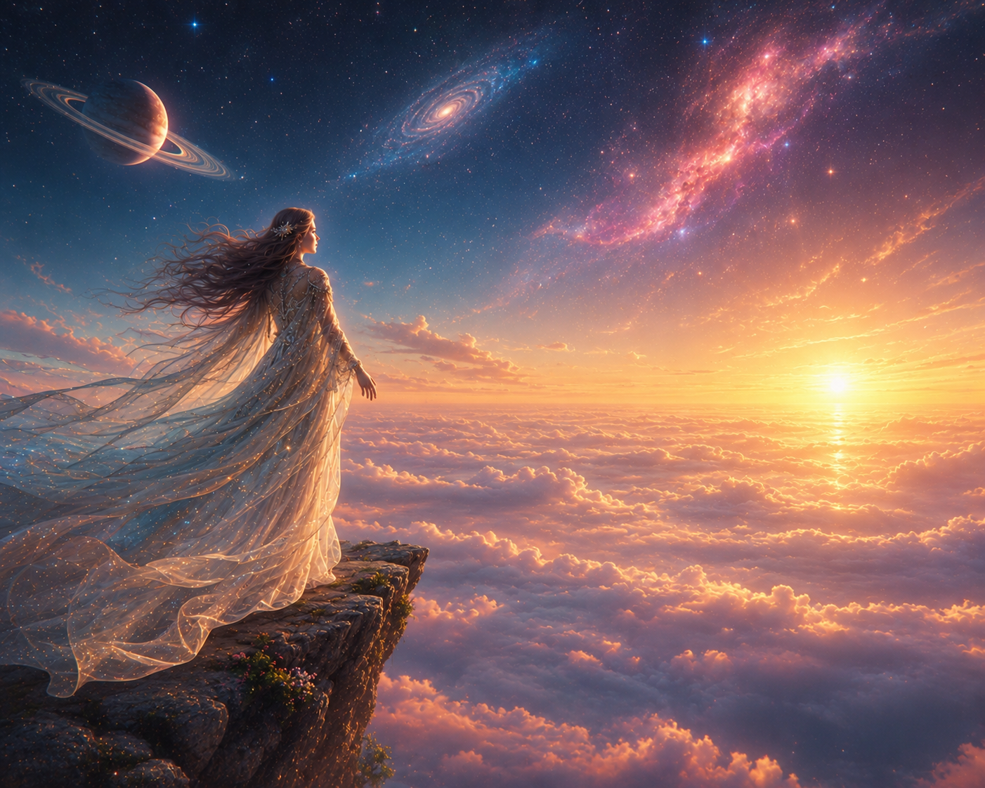 A fantasy scene of a woman in a flowing, glowing dress standing on a cliff edge, gazing at a sunset over a sea of clouds. The sky is filled with stars, planets like Saturn, and colorful galaxies.