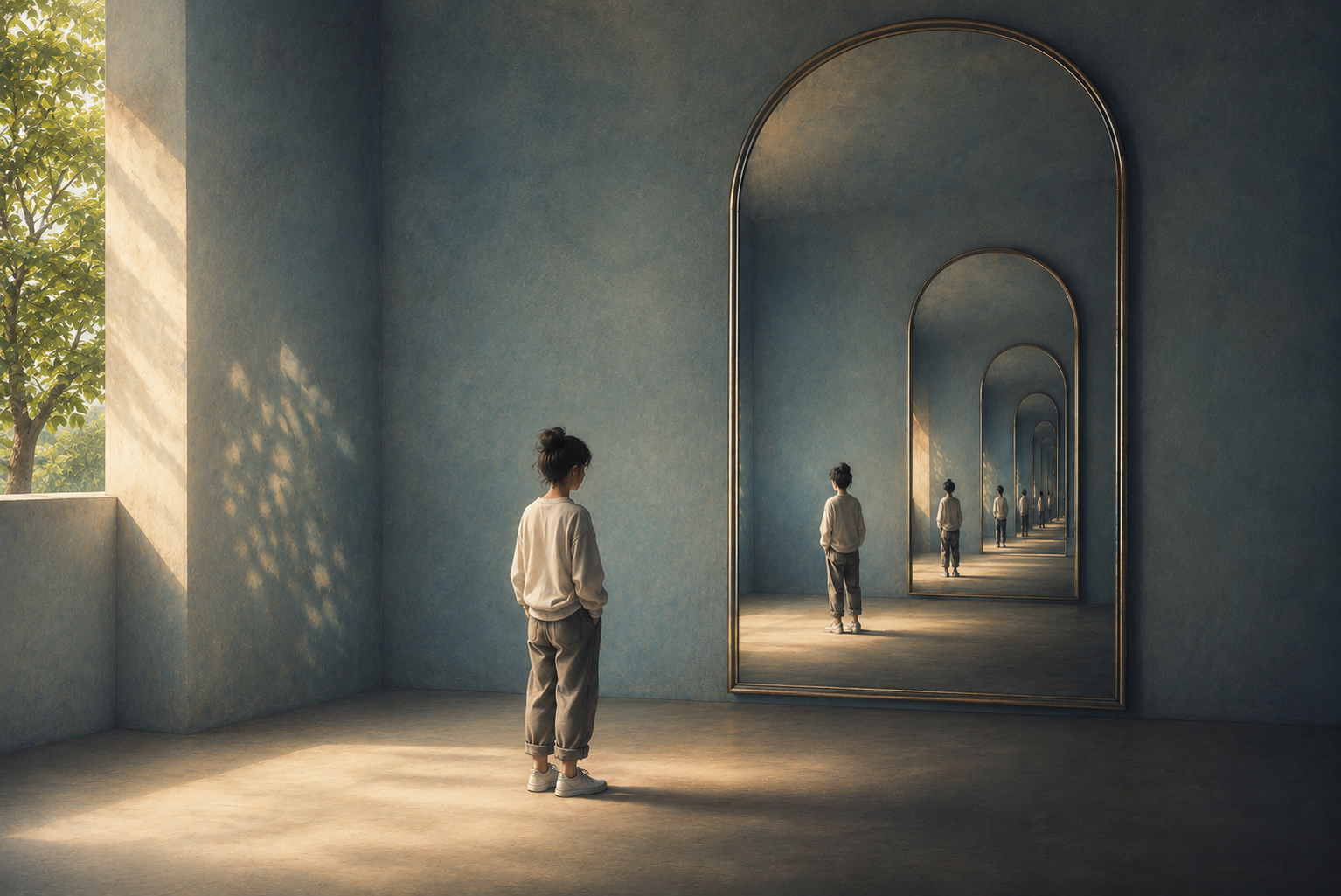 A young girl in casual clothing standing in a room with large mirrors that create a recursive reflection. Sunlight streams through a window, casting shadows on the wall.