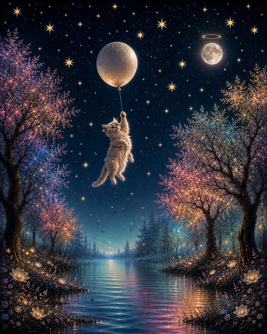 A fantasy scene of a cat floating in a starry night sky holding a glowing balloon, with trees adorned with colorful lights and pink flowers along a reflective river.