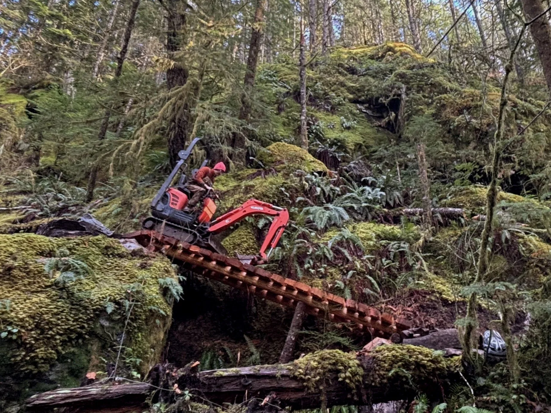 A person working on a mini excavator on a rocky, moss-covered hillside in a dense forest, using the machine to move debris or clear the area.