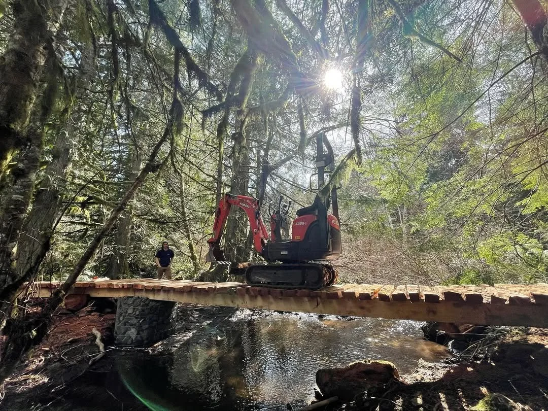 A small red excavator parked on a wooden bridge over a creek in a forest, with sunlight shining through the trees and a person standing nearby