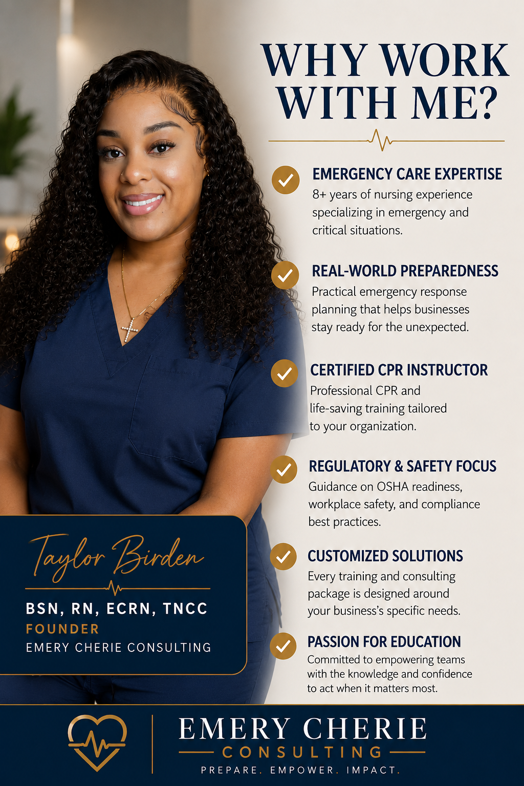 A professional woman in blue medical scrubs, smiling, standing next to a poster outlining her qualifications and services in emergency care, readiness, CPR instruction, safety, and consulting.