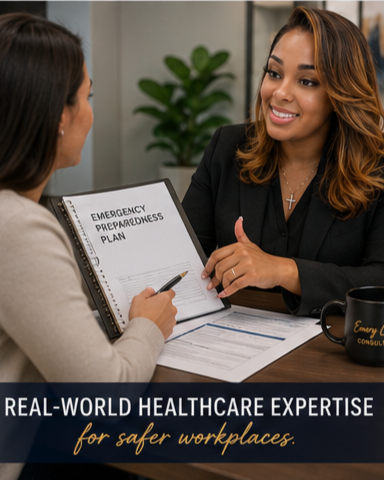 Two women having a discussion, one holding a clipboard titled 'Emergency Preparedness Plan' in an office setting with a potted plant in the background.
