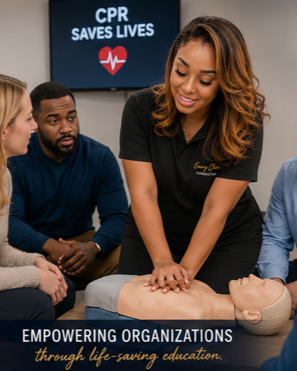 A woman performs CPR on a training mannequin during a CPR demonstration, with a sign in the background that reads "CPR Saves Lives."