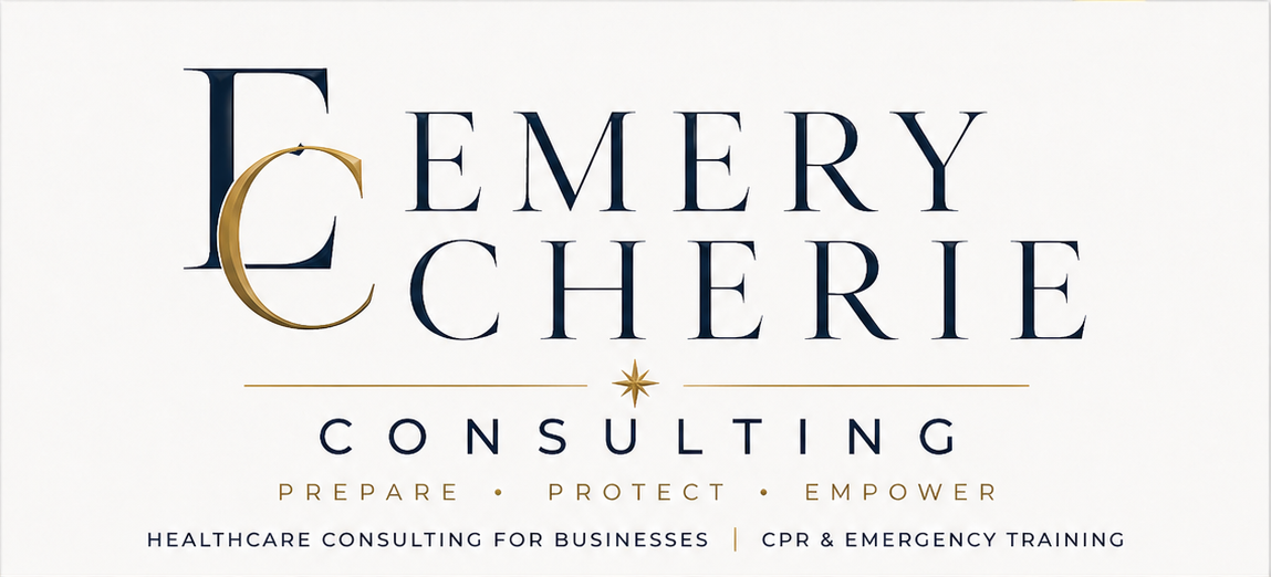 Logo for Emery Cherie Consulting with the tagline 'Prepare, Protect, Empower' and additional text about healthcare consulting and CPR training.