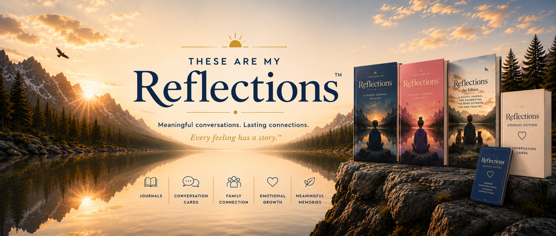 Sunrise over a mountain lake with pine trees, birds flying, and reflection in the water; display of reflection-themed journals and cards for different family and emotional connection topics.