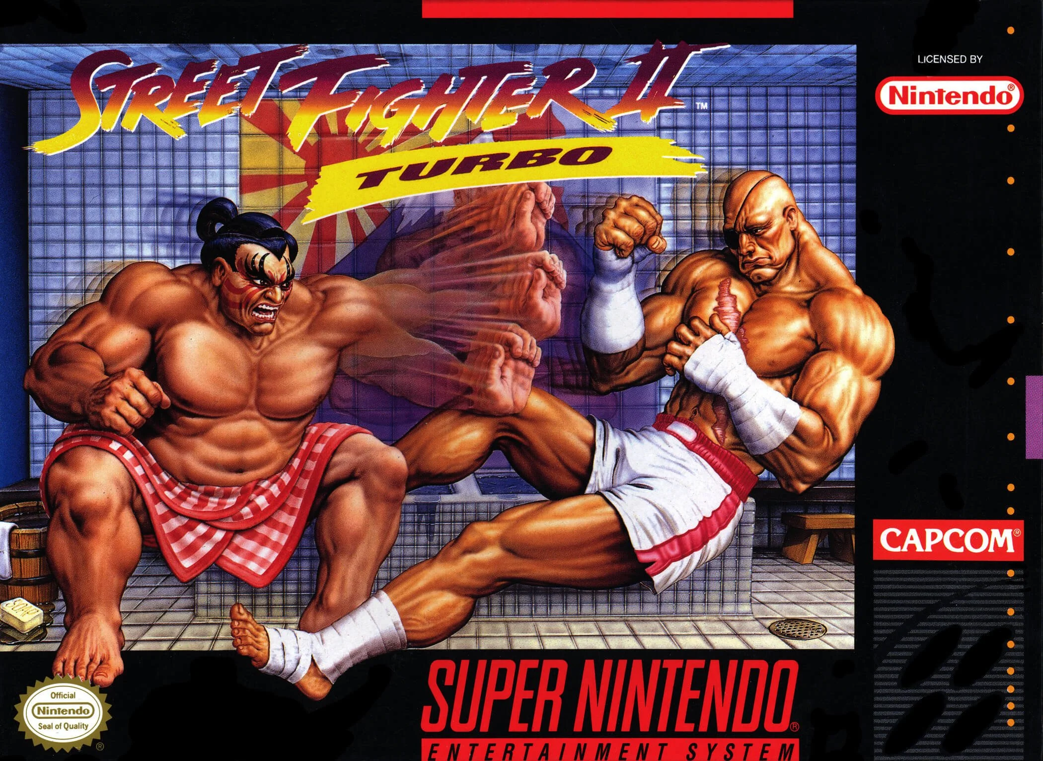 Artwork of two muscular fighters, Ryu and Ken, from Street Fighter 4, engaged in a fight in a boxing ring with a tiled background, promotional text, and logos for Capcom and Nintendo.