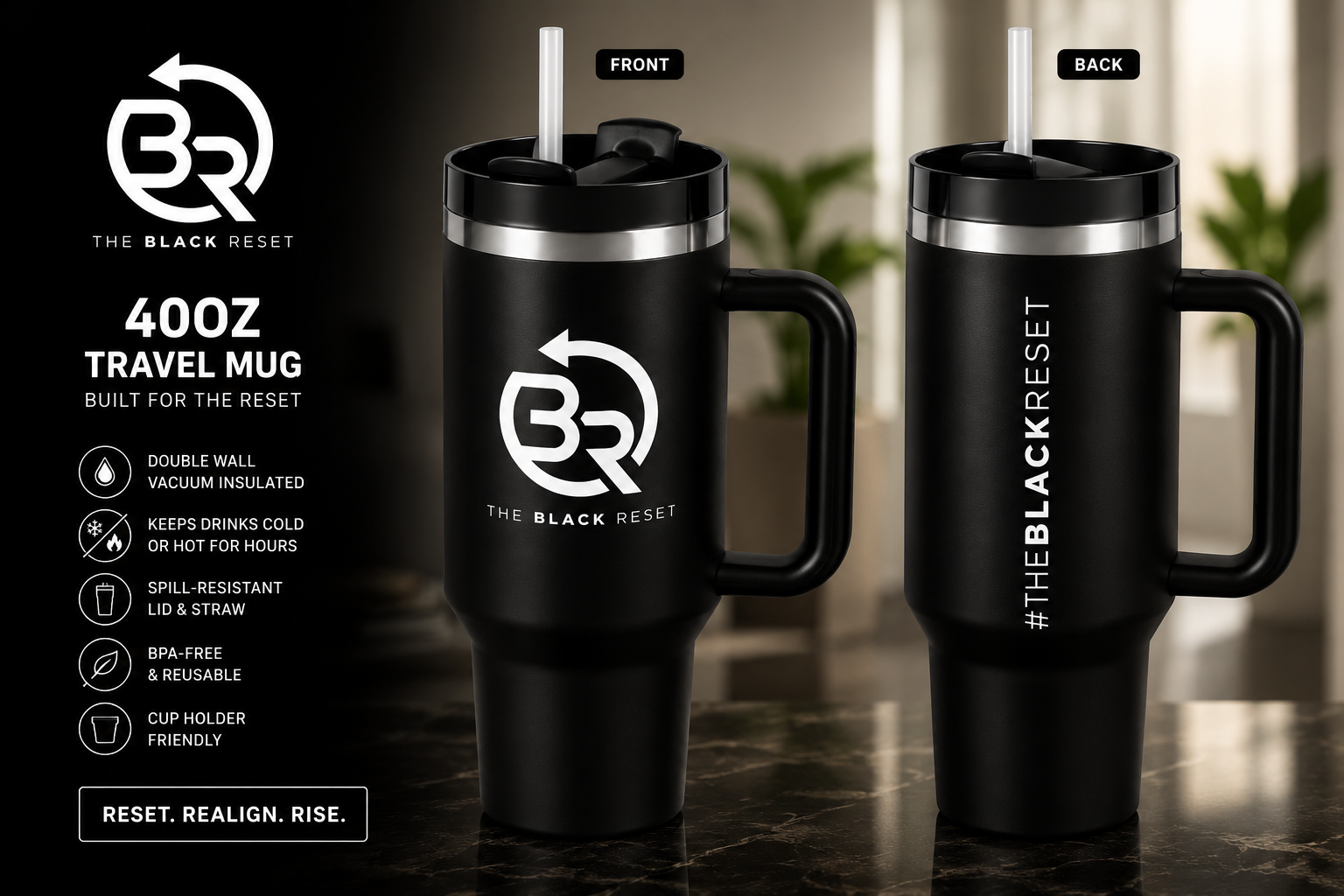 The Black Reset 40oz Tumbler Insulated Cup