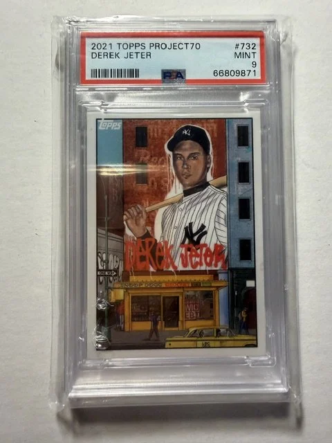 2021 Topps Project70 baseball card of Derek Jeter in a graded slab case.