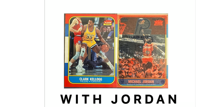 A vintage basketball trading card set featuring Clark Kellogg and Michael Jordan, with the cards displayed side by side on a white surface.