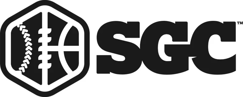 Logo with a baseball and football inside a hexagon shape followed by the letters SGC in bold black font.