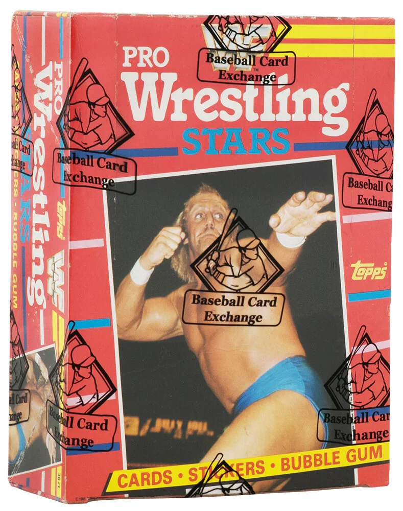 A vintage 1985 wrestling trading card box with possible Hulk Hogan rookie cards.