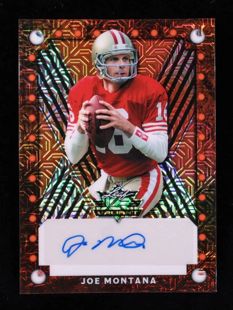 Joe Montana #1/20 2025 Leaf Valiant Autographs Orange Mojo Card