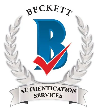 Logo with a large blue letter B, red checkmark over it, and the words 'BECKETT AUTHENTICATION SERVICES' surrounding a laurel wreath.