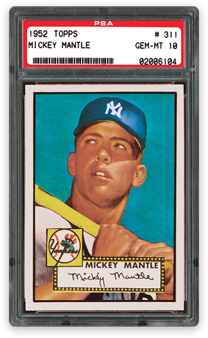A 1952 Topps Mickey Mantle baseball card in a protective case with a PSA label at the top, showing a young Mickey Mantle in a New York Yankees cap.