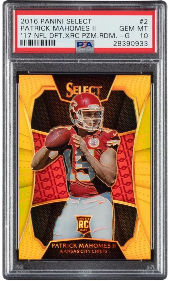 2016 Panini Select football trading card of Patrick Mahomes II in his Kansas City Chiefs uniform, holding a football.