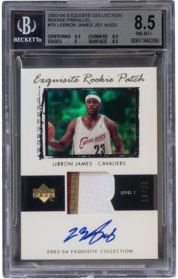 LeBron James rookie patch trading card from the 2003-04 Exquisite Collection, graded 8.5 by Beckett.