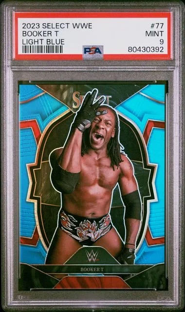 2023 Booker T Panini Select WWE Light Blue Prizm Card - PSA 9