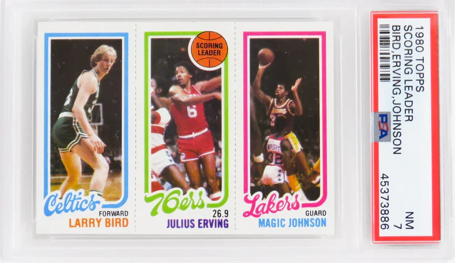 Vintage basketball trading card featuring Larry Bird of the Boston Celtics, Julius Erving of the Philadelphia 76ers, and Magic Johnson of the Los Angeles Lakers from 1980, PSA 10.