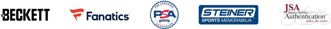 Collection of sports memorabilia logos, including Fanatics, PSA Autograph, Steiner Sports Memorabilia, and JSA.