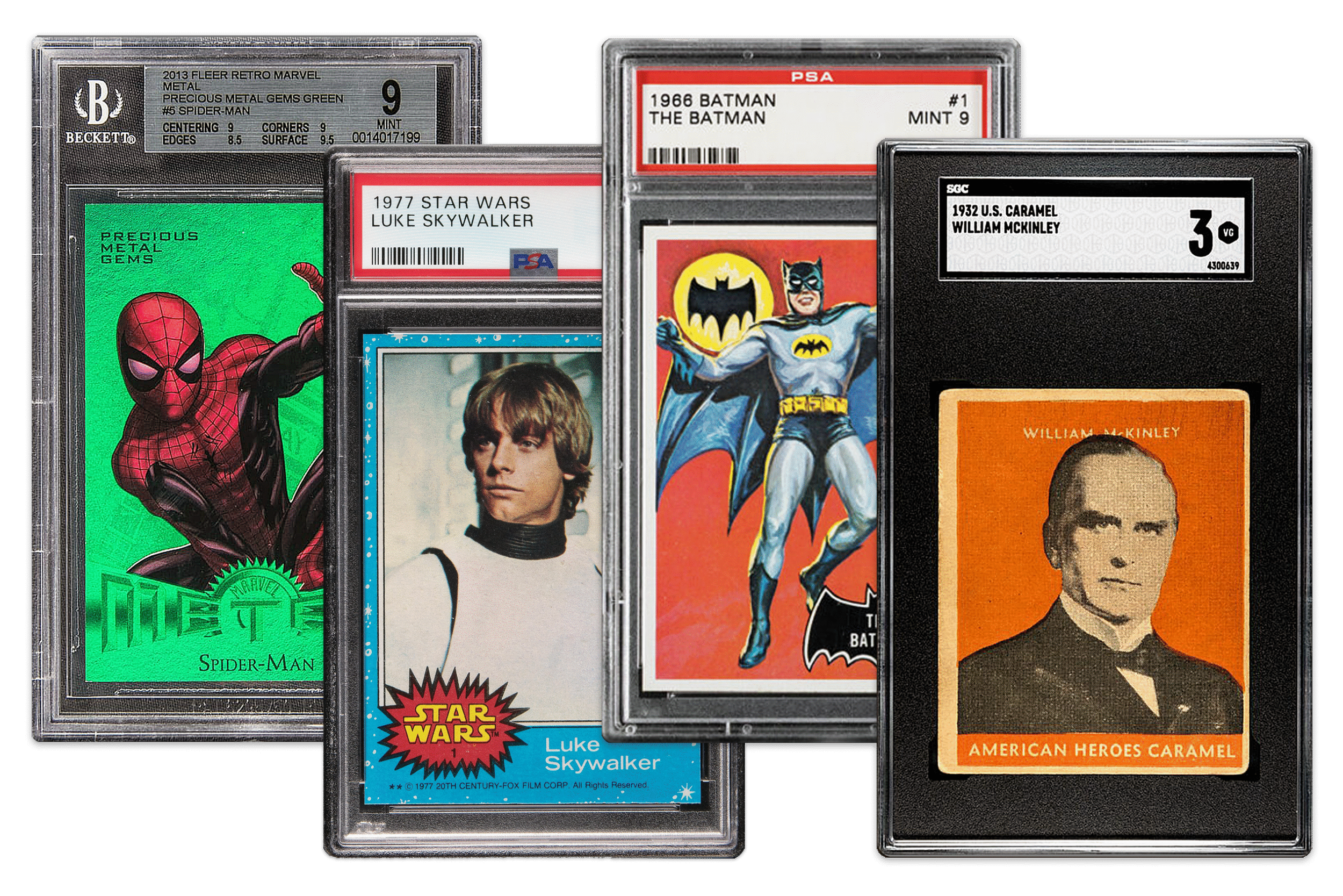 Collection of vintage trading cards featuring Spider-Man, Luke Skywalker, Batman, and William McKinley encased in protective plastic slabs.