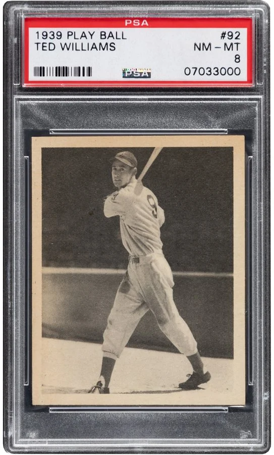 Vintage 1939 Play Ball baseball card of Ted Williams, graded NM-MT 8, encased in a PSA slab.