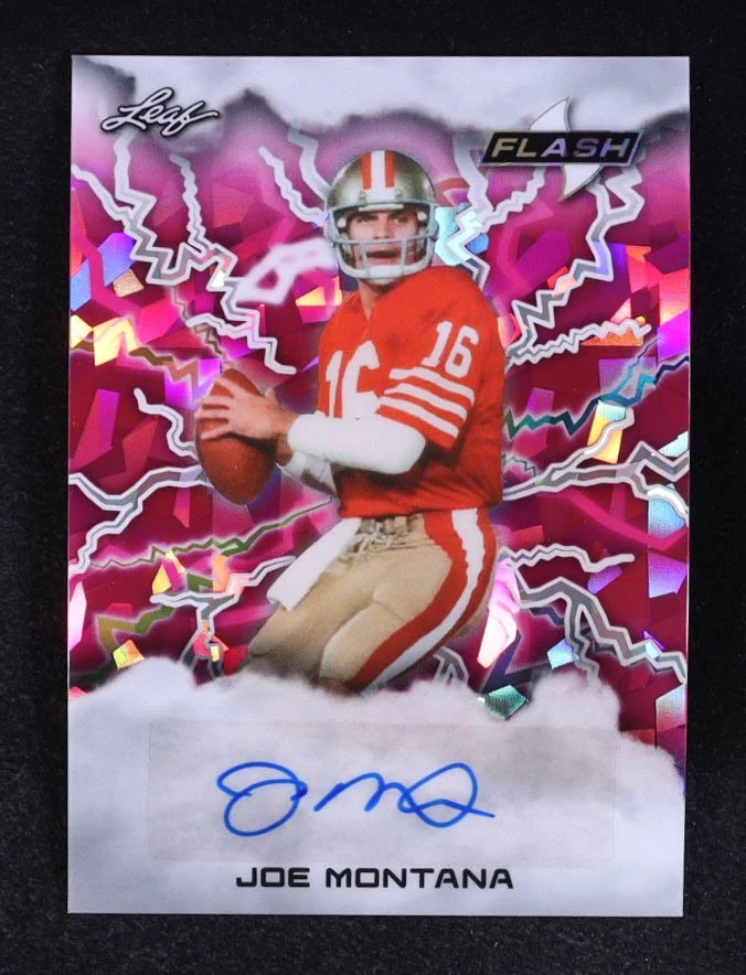 Joe Montana 2025 Leaf Flash Autographs Crystal Pink #1/19