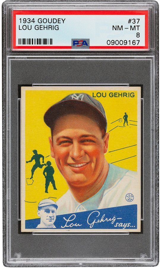 Vintage Lou Gehrig baseball card from 1934, graded NM-MT 8 by PSA, featuring a portrait of Lou Gehrig in a cap, with a yellow background and illustrations of baseball players.