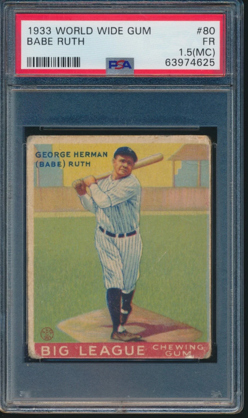 A 1933 Babe Ruth baseball card encased in a graded holder with an PSA label.