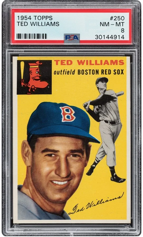 1954 Topps Ted Williams baseball card with a PSA label at the top, featuring an illustrated image of a bat and a photograph of Ted Williams in a Boston Red Sox uniform, signed by him.
