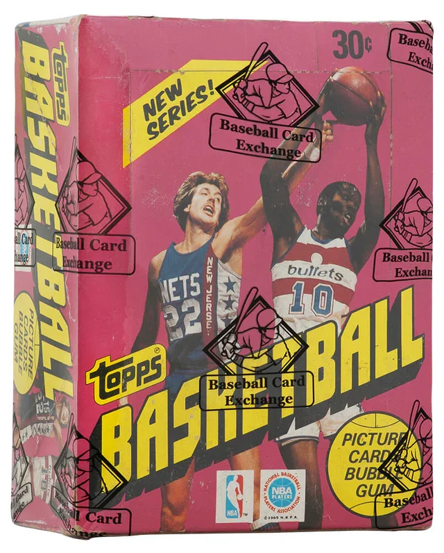 Vintage Topps Baseball trading card set box with pink background, featuring two players, one in a Brooklyn Nets jersey and the other in a volleyball uniform, holding a ball. The box highlights new series, picture card bubble gum, and multiple baseball card exchange stickers.