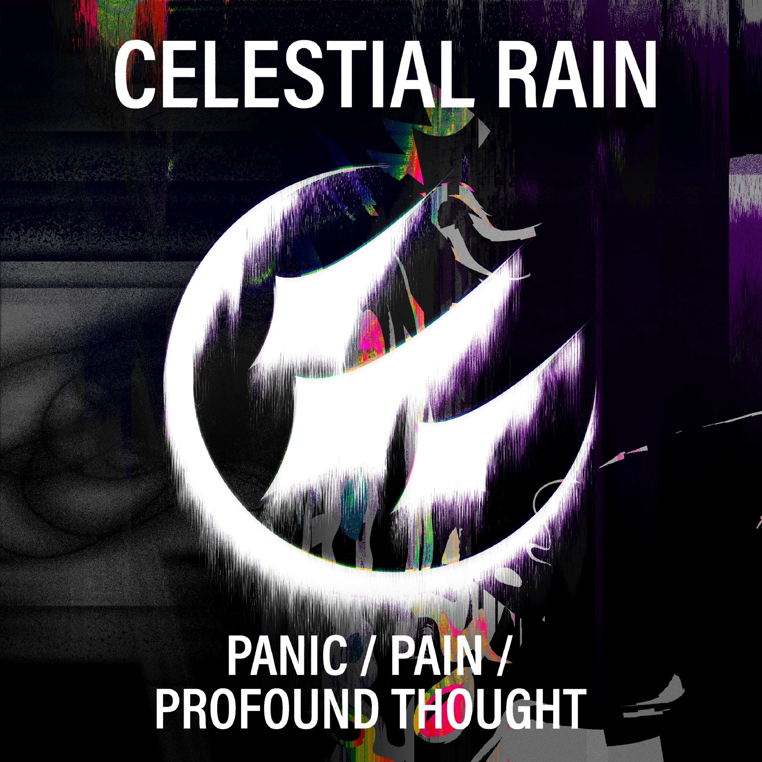 Album art that reads "Celestial Rain Panic/Pain/Profound Thought" over abstract, colorful background with distorted imagery. This is the album artwork for the band's first demo EP.