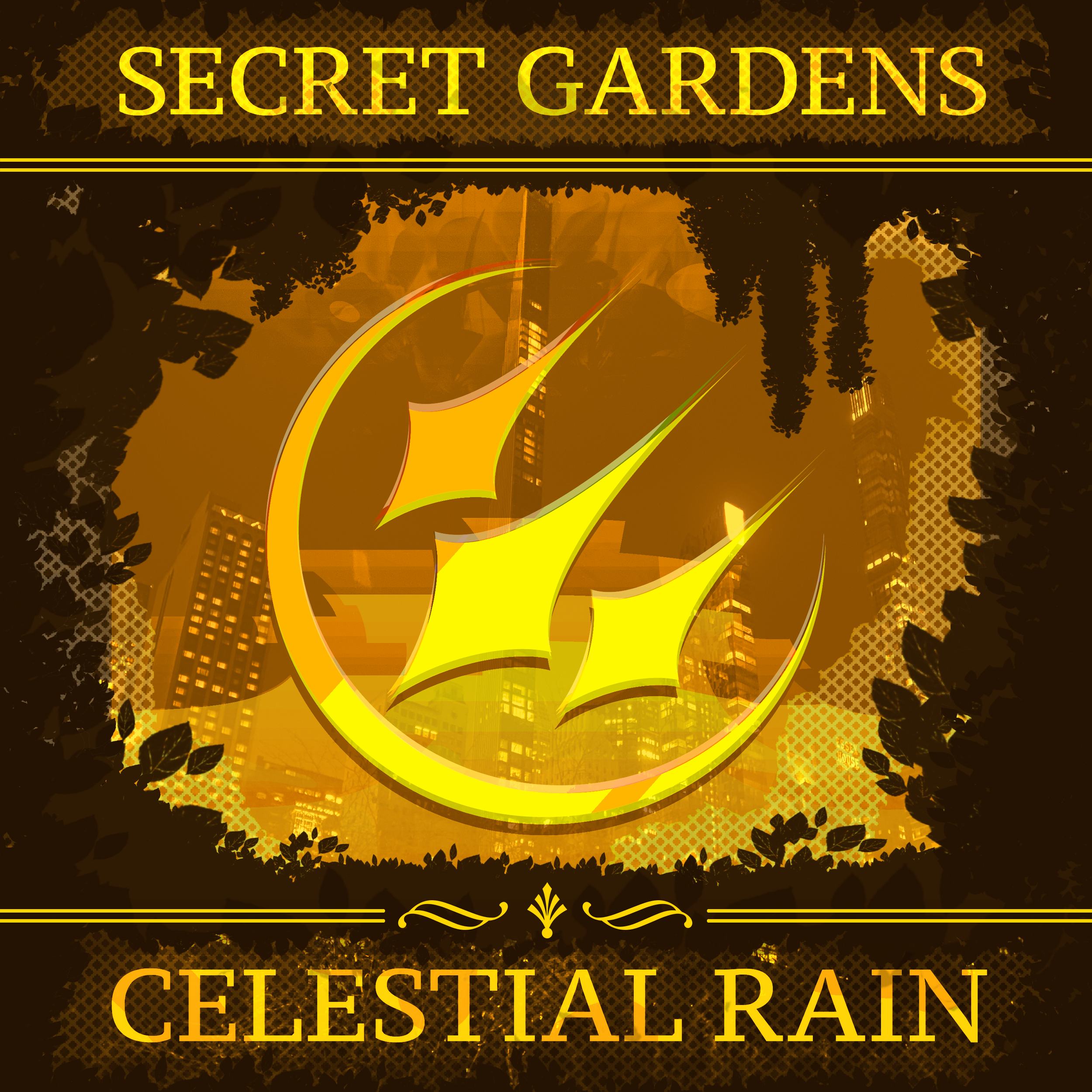 Album art which reads reads "Celestial Rain Secret Gardens" adorned with decorative floral borders and a cityscape background in warm tones. It is the album artwork for the band's second demo EP.