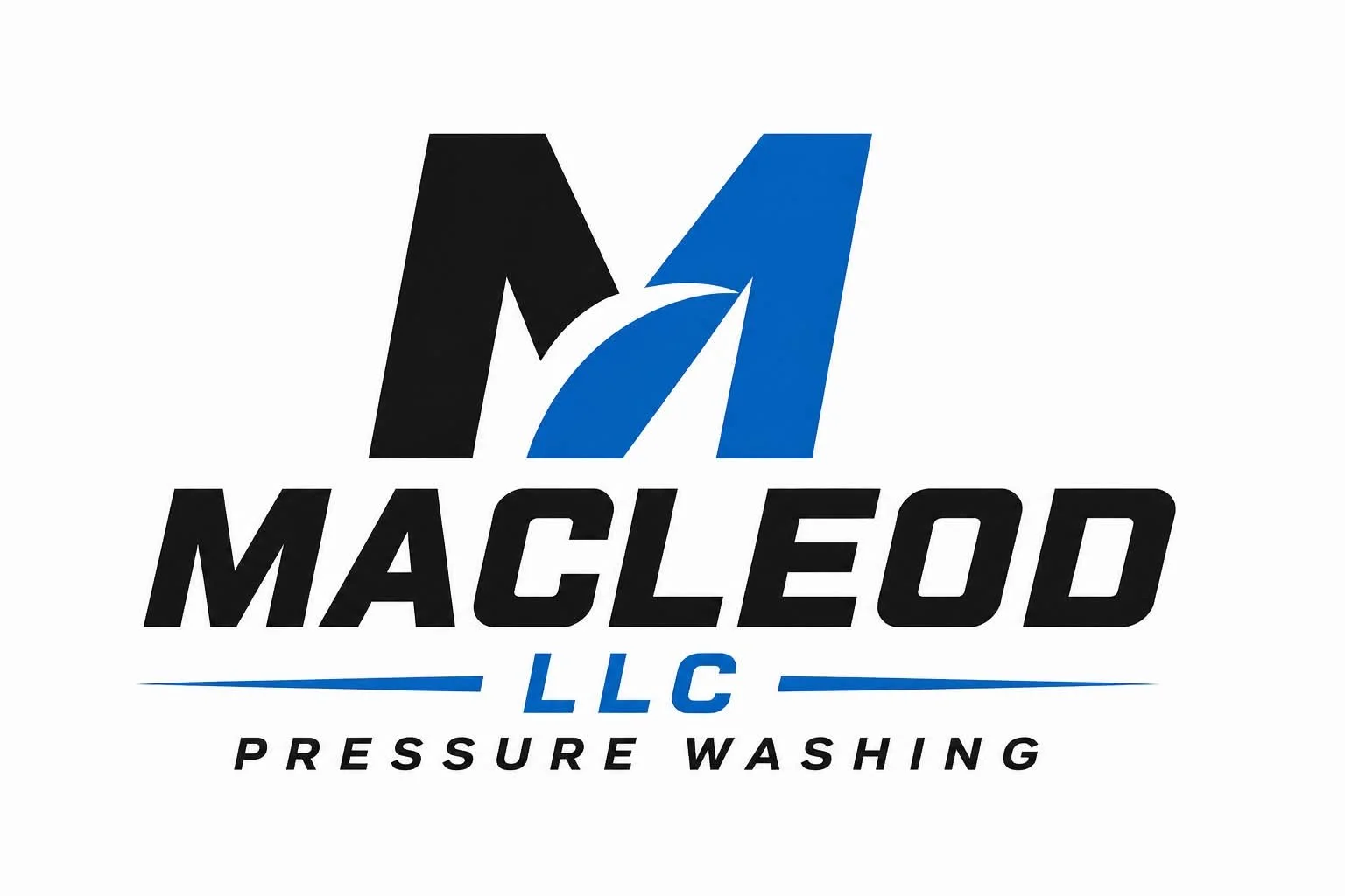 Logo for MacLeod LLC Pressure Washing, featuring stylized black and blue 'M' and 'A' and text.