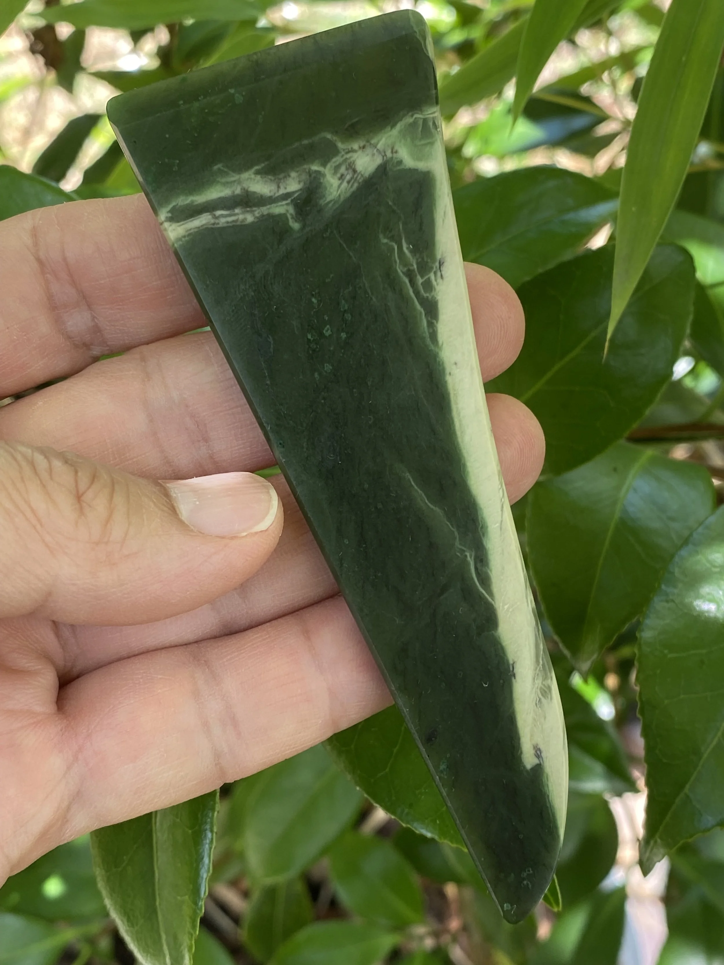 Blue Sky & White Clouds" Geometric BC Jade Worry Stone - "Honey Brush" Handcrafted Canadian Nephrite Palm Stone with Axe-Bevel Edge