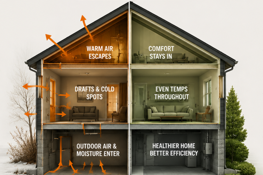 Cross-section of a house showing airflow and temperature zones. The top attic area shows warm air escaping and comfort staying inside. The middle floor features drafts and cold spots, while the lower basement has outdoor air and moisture entering, leading to a healthier and more efficient home.